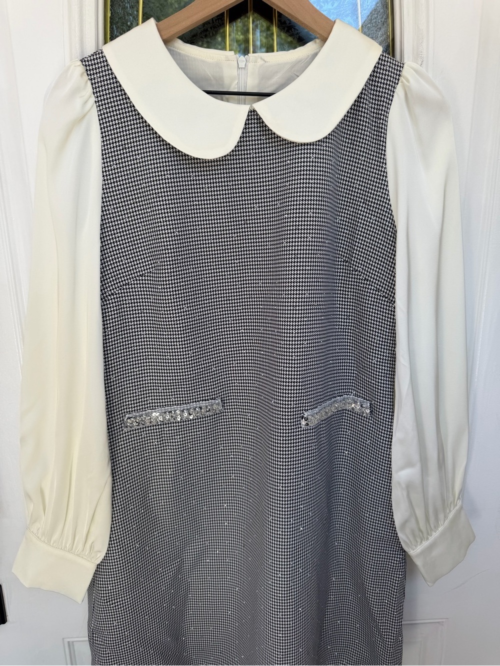 NWT Women’s Mini Dress Satin Cream Sleeves & Black Check Peter Pan Collar Dress